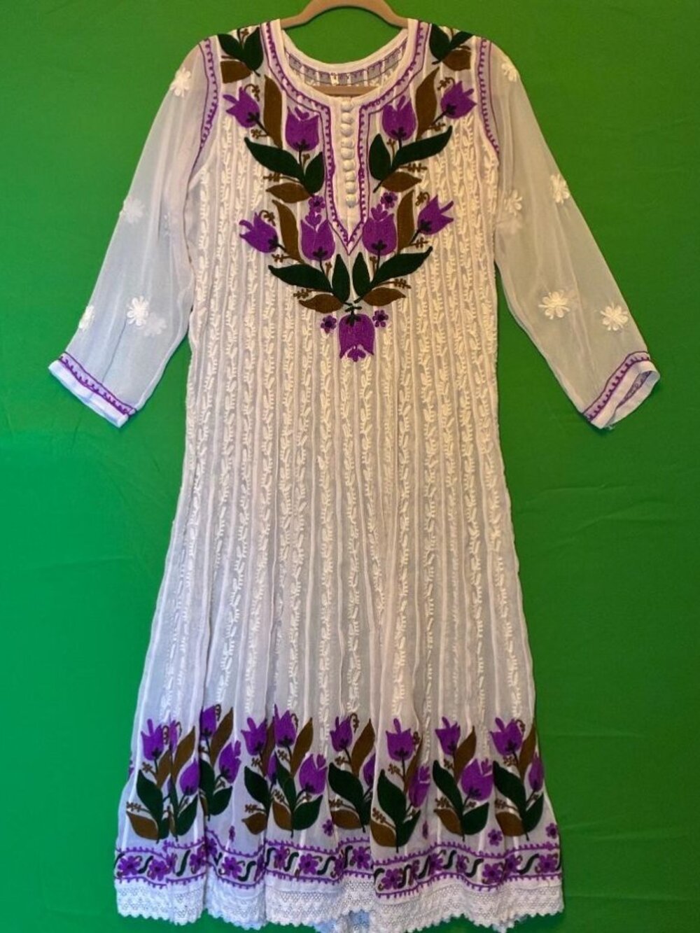 VTG Chiffon Chikankari Embroidered White Floral Kaftan Dress Beach Cover-up SM